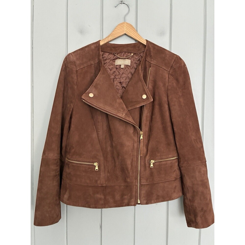 Talbots Real Suede Leather Asymmetrical Zip Pockets Moto Jacket 10P Petite Brown